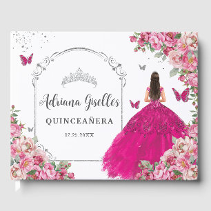 Fuchsia Pink Floral Princess Silver Quinceañera Guest Book