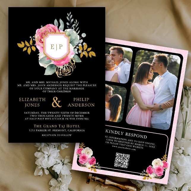 Fuchsia Pink Floral QR Code Black Crest Wedding Invitation (Creator Uploaded)