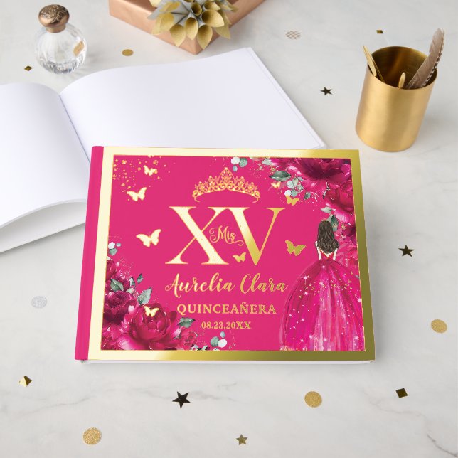 Fuchsia Pink Floral Quinceañera Quince 15 XV Gold Guest Book (Front Open)