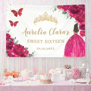 Fuchsia Pink Floral Quinceañera Sweet 16 Backdrop Banner