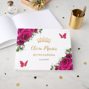Fuchsia Pink Floral Quinceanera Sweet 16 Birthday Guest Book
