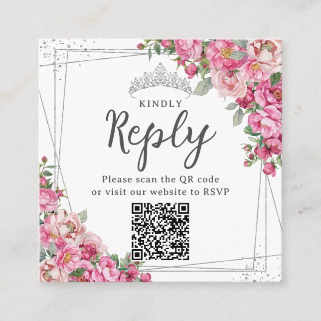 Fuchsia Pink Floral Quinceanera Sweet 16 RSVP QR Enclosure Card (Front)