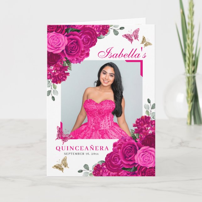 Fuchsia Pink Floral Quinceanera Tiara Butterflies Programme (Front)