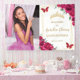 Fuchsia Pink Floral Quinceañera Welcome Backdrop Banner