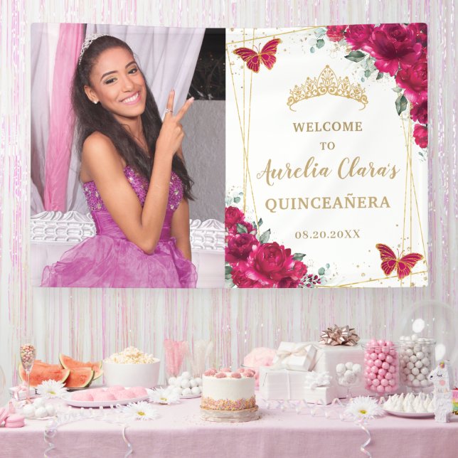 Fuchsia Pink Floral Quinceañera Welcome Backdrop Banner (Party)