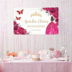 Fuchsia Pink Floral Quinceañera Welcome Backdrop Banner