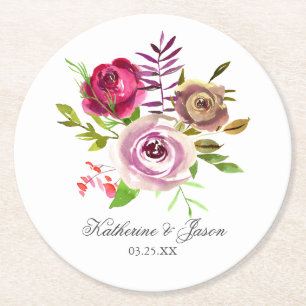Fuchsia Pink Floral Romantic Garden Wedding Round Paper Coaster