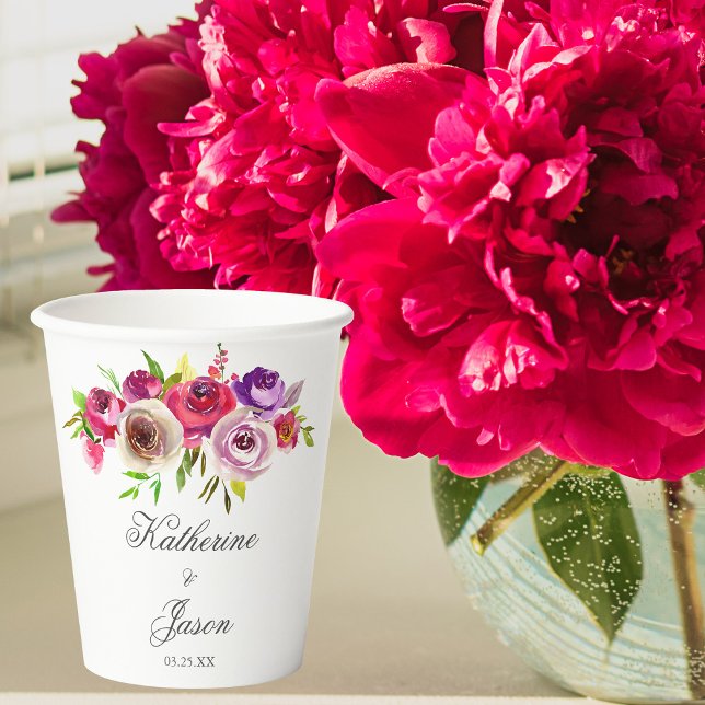 Fuchsia Pink Floral Romantic Modern Garden Wedding Paper Cups (Creator Uploaded)