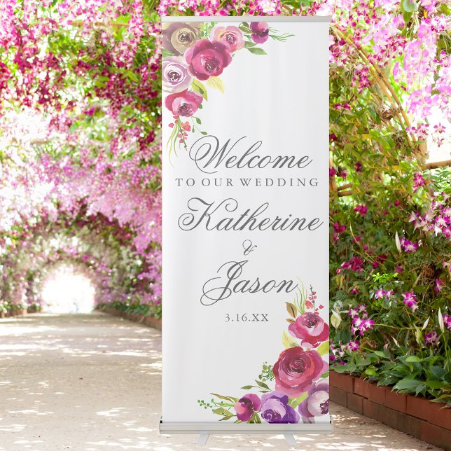Fuchsia Pink Floral Romantic Wedding Welcome Retractable Banner (Creator Uploaded)