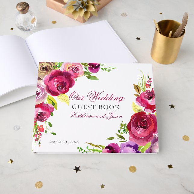 Fuchsia Pink Floral Rose Romantic Garden Wedding Guest Book (Front Open)