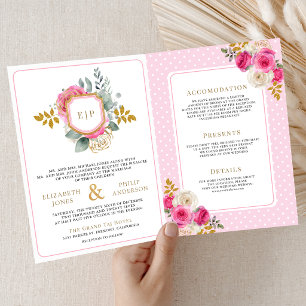 Fuchsia Pink Floral Roses All in One Crest Wedding Invitation