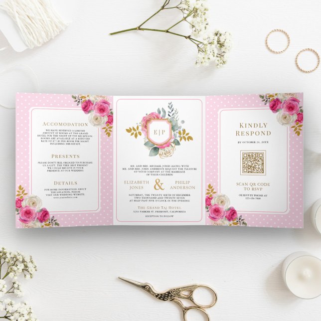 Fuchsia Pink Floral Roses All in One Crest Wedding Tri-Fold Invitation (Creator Uploaded)