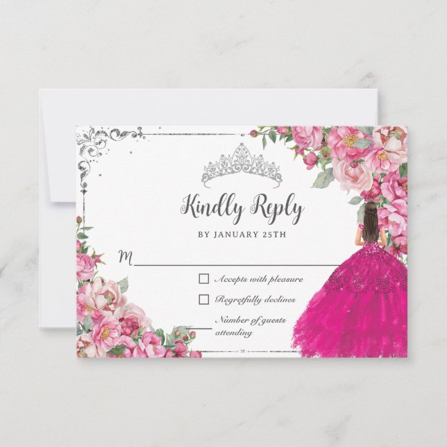 Fuchsia Pink Floral Silver Princess Quinceanera RSVP Card (Front)