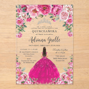 Fuchsia Pink Floral Silver Quinceanera XV Birthday Acrylic Invitations