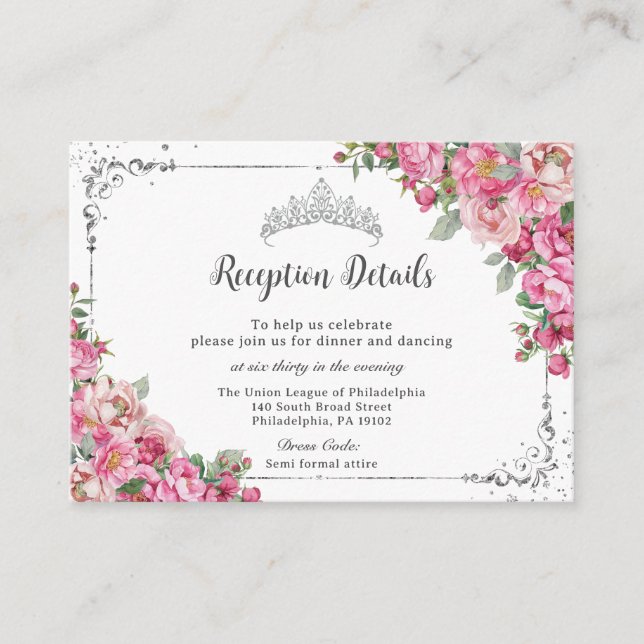 Fuchsia Pink Floral Sweet 16 Quinceañera Reception Enclosure Card (Front)