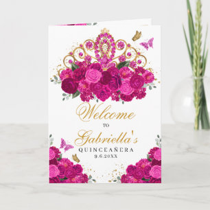 Fuchsia Pink Floral Tiara Quinceanera Program Invitation