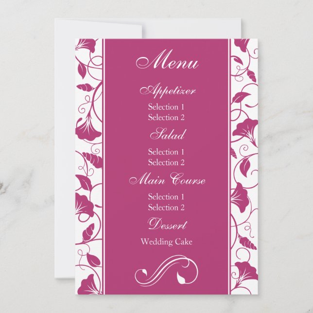 Fuchsia Pink Floral Wedding Reception Dinner Menu Invitation (Front)
