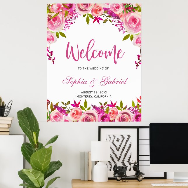 Fuchsia Pink Floral Wedding Welcome Poster (Home Office)