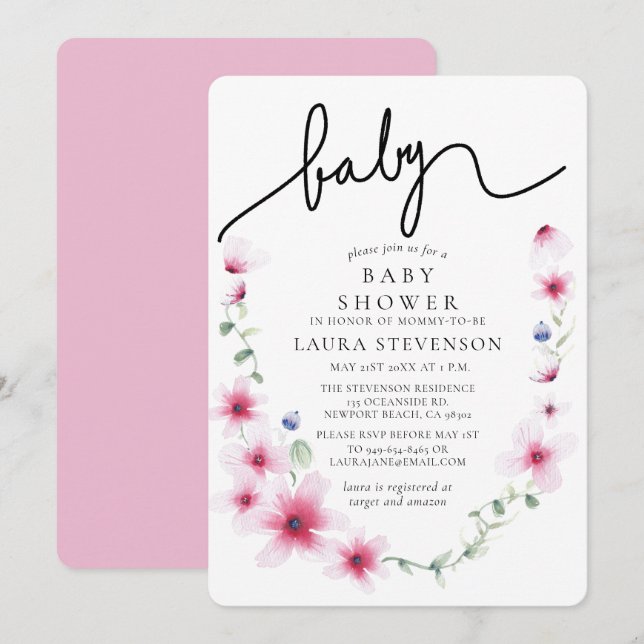 Fuchsia Pink Floral Wreath Calligraphy Baby Shower Invitation (Front/Back)