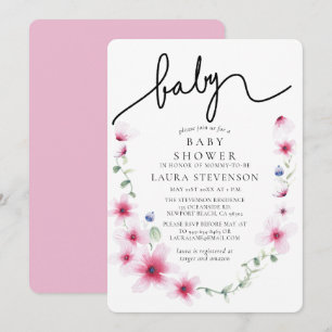 Fuchsia Pink Floral Wreath Calligraphy Baby Shower Invitation