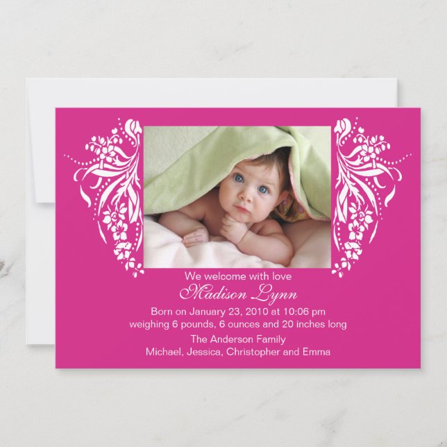 Fuchsia Pink Flourish New Baby Birth Annoucement Invitation (Front)