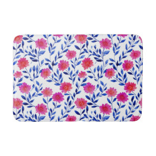 Fuchsia Pink Flower Blossoms Watercolor Botanical Bath Mat