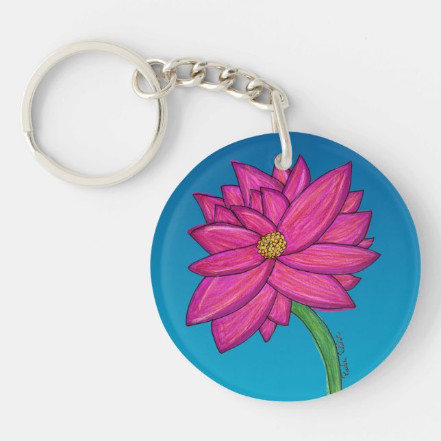 Fuchsia Pink Flower with Blue background Key Ring (Front)