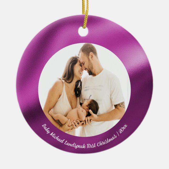 Fuchsia Pink Foil, Baby 1st Christmas Ceramic Tree Decoration (Front)