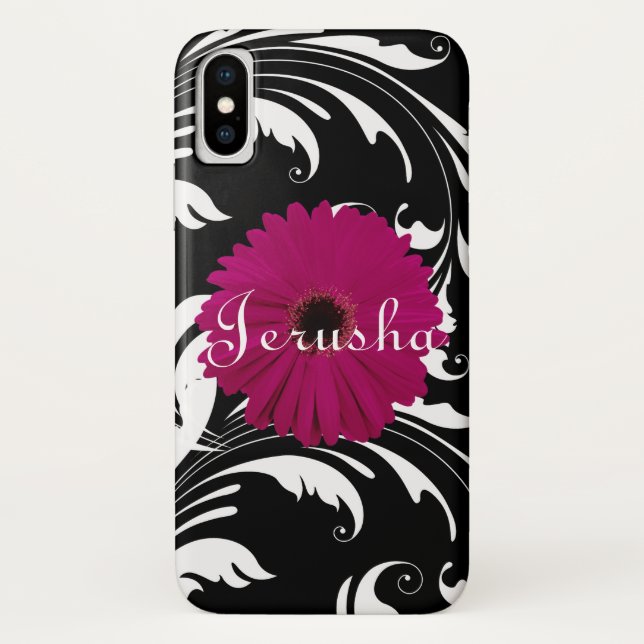 Fuchsia Pink Gerbera Daisy Black/White Swirl Girly Case-Mate iPhone Case (Back)