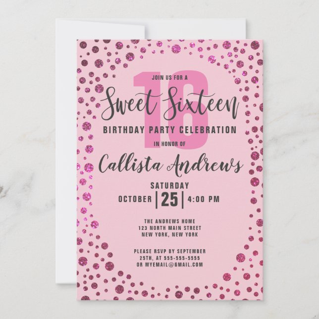 Fuchsia Pink  Glitter Confetti Border Sweet 16 Invitation (Front)