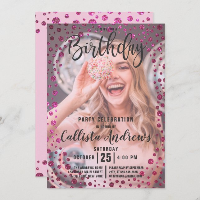 Fuchsia Pink  Glitter Confetti Photo Birthday Invitation (Front/Back)