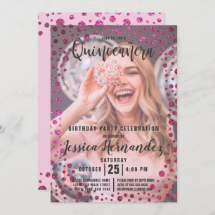 Fuchsia Pink Glitter Confetti Photo Quinceañera Invitation