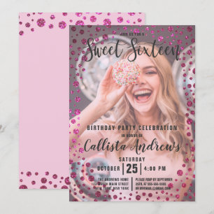 Fuchsia Pink Glitter Confetti Photo Sweet 16 Invitation