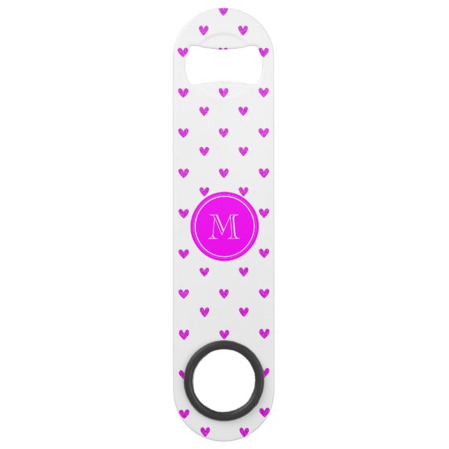 Fuchsia Pink Glitter Hearts with Monogram (Front)