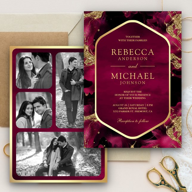 Fuchsia Pink Gold Abstract Fluid Ink Photo Wedding Invitation (Creator Uploaded)