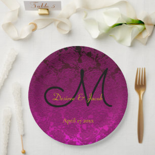 Fuchsia Pink Gold Black Elegant Wedding Monogram Paper Plate