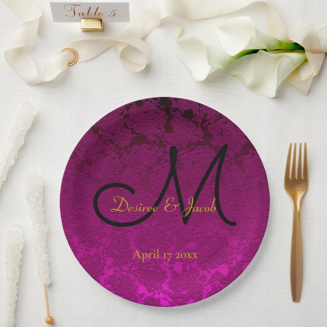 Fuchsia Pink Gold Black Elegant Wedding Monogram Paper Plate (Wedding)