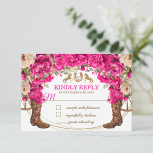 Fuchsia Pink Gold Cowboy Boots Quinceañera RSVP Card