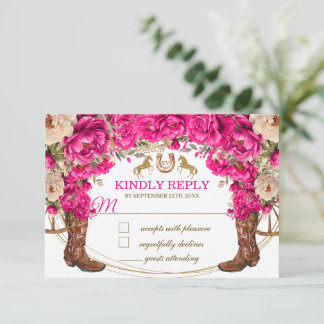 Fuchsia Pink Gold Cowboy Boots Quinceañera RSVP Card