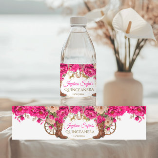 Fuchsia Pink Gold Cowboy Boots Quinceañera Water Bottle Label
