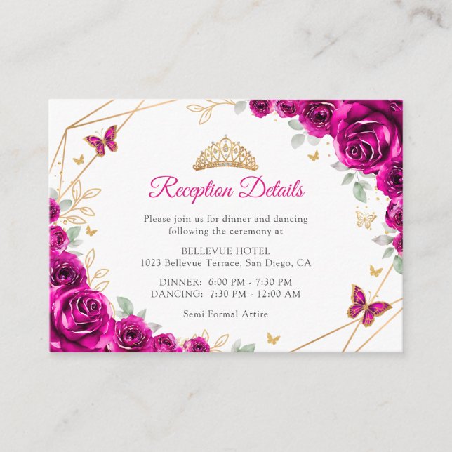 Fuchsia Pink Gold Floral Quinceanera  Details Enclosure Card (Front)