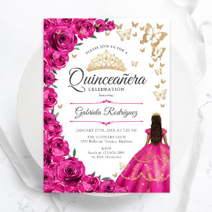 Fuchsia Pink Gold Floral Quinceanera Invitation