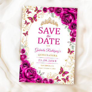 Fuchsia Pink Gold Floral Quinceanera Save The Date