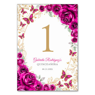 Fuchsia Pink Gold Floral Quinceanera Table Number