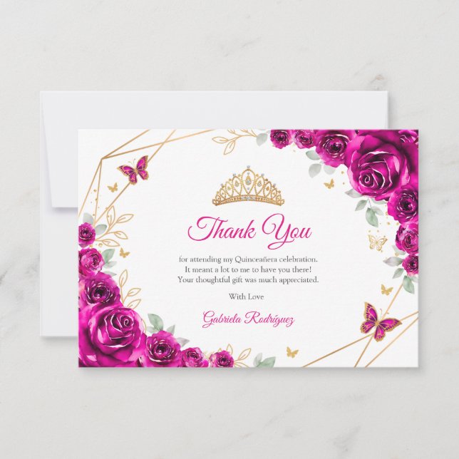 Fuchsia Pink Gold Floral Quinceanera Thank You Card (Front)