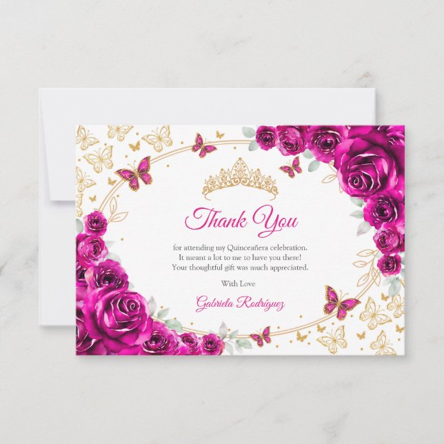 Fuchsia Pink Gold Floral Quinceanera Thank You Card (Front)