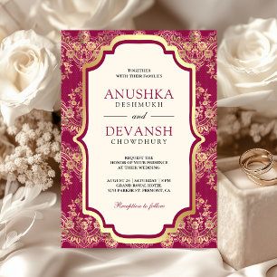 Fuchsia Pink Gold Lace Indian Wedding Invitation
