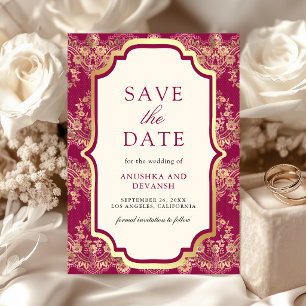 Fuchsia Pink Gold Lace Indian Wedding Save The Date