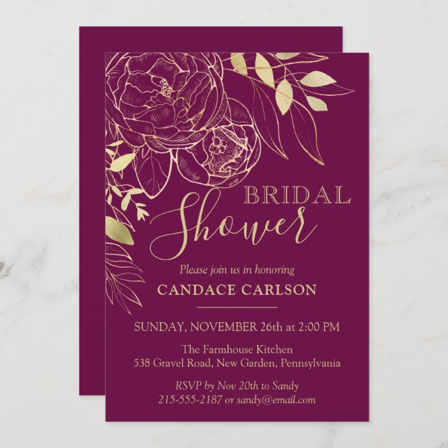 Fuchsia Pink & Gold Modern Floral Bridal Shower Invitation (Front/Back)