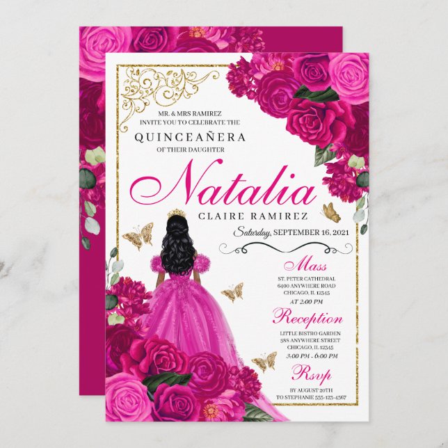 Fuchsia Pink Gold Princess Butterflies Quinceañera Invitation (Front/Back)